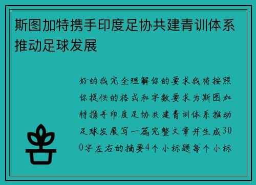 斯图加特携手印度足协共建青训体系推动足球发展